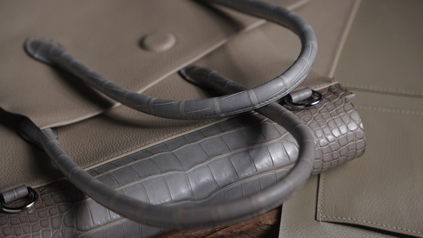 Handbag with silver gray crocodile