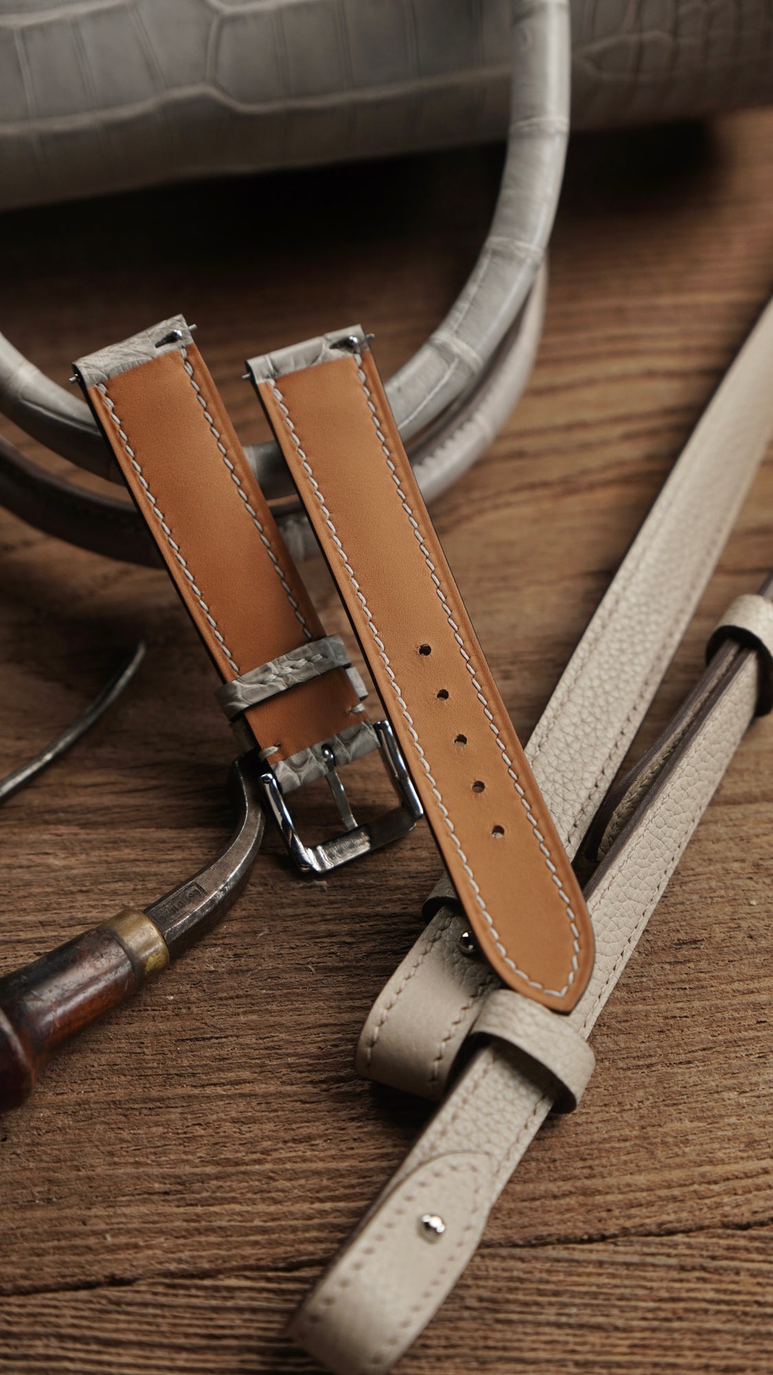 Alligator leather watch strap in silver gray