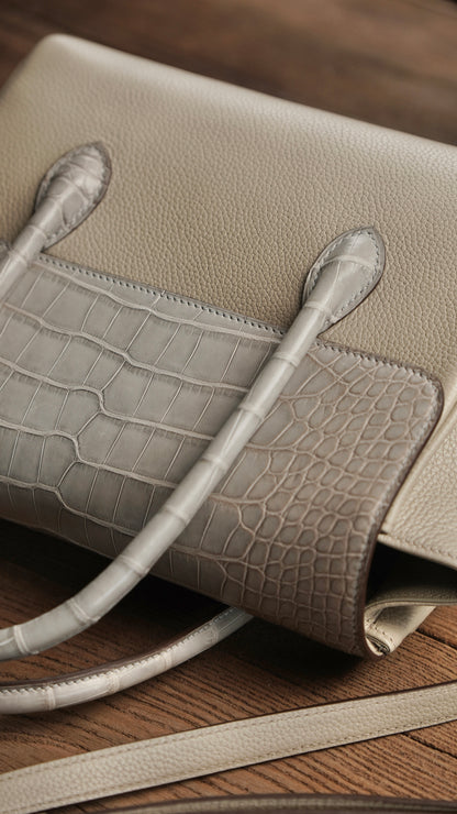 Handbag with silver gray crocodile
