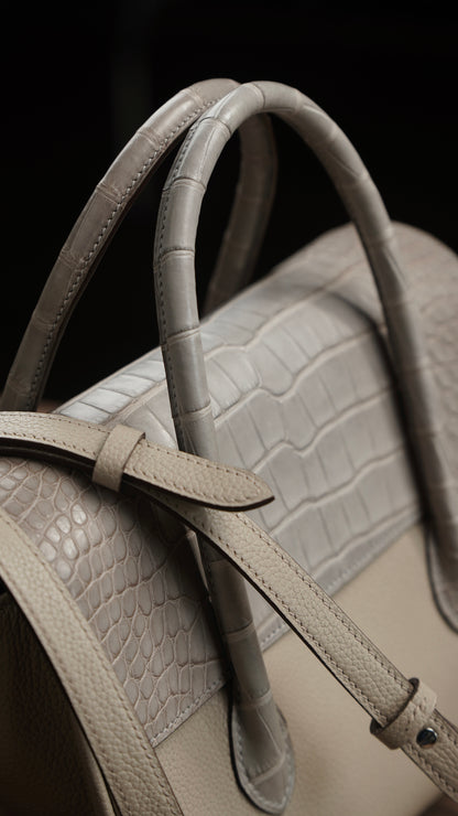 Handbag with silver gray crocodile