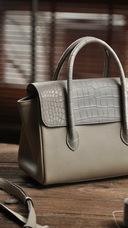 Handbag with silver gray crocodile