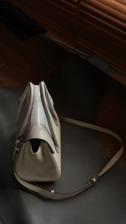 Handbag with silver gray crocodile
